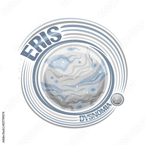 Vector logo for Dwarf Planet Eris, decorative cosmo print with moon Dysnomia rotating around blue rock planet, round cosmo tag with unique letters for grey words eris and dysnomia on white background