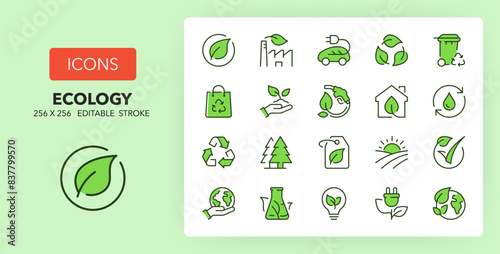 Line icons about ecology. Contains such icons as recycle, eco label, bio fuel and more. 256x256 Pixel Perfect editable in two colors