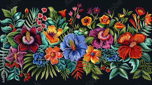 Beautiful jungle motif embroidery on a retro-inspired textile design photo