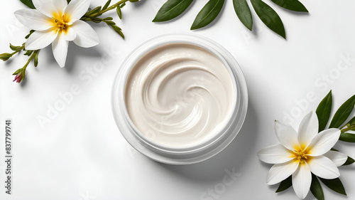 Image design of skin care cream products without logo It is placed on a clean white background. There are fresh flowers around to add a fresh feel.