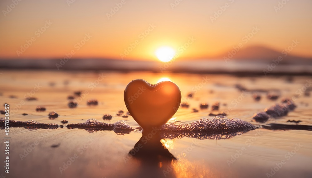 Fototapeta premium Heart-shaped stone resting on the beach as the sun rises, casting a warm glow over the scene. The soft light enhances the romantic atmosphere, reflecting themes of love and tranquility. 