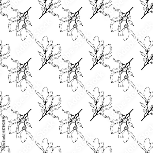 Floral minimalistic black and white vector seamless pattern with branches  flowers and leaves.  Print for clothing  wrapping paper  covers or backgrounds.