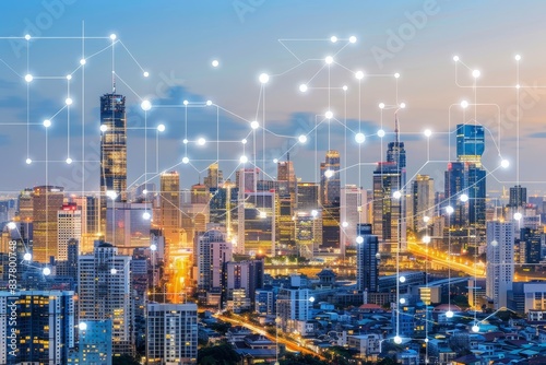 Wallpaper Mural Modern cityscape illuminated with digital connection lines representing smart city technology and urban networking infrastructure. Torontodigital.ca