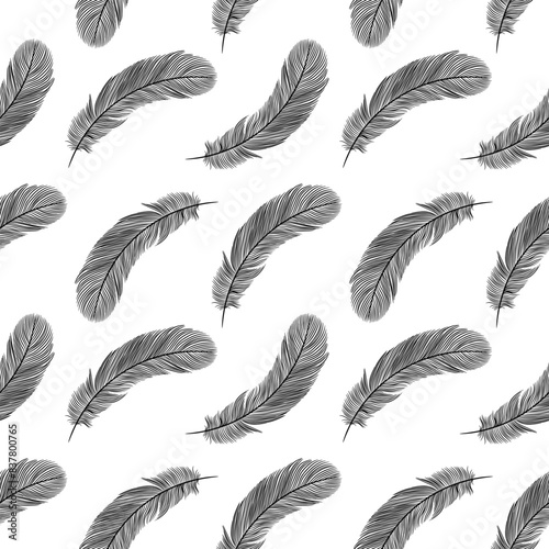 Abstract black and white vector seamless pattern with feathers. Print for clothing, wrapping paper, covers or backgrounds.