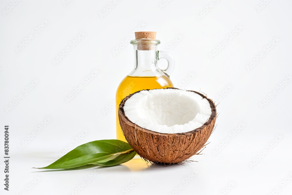 Coconut Oil and Coconut Half on White Background Coconut Oil and Coconut Half on White Background
