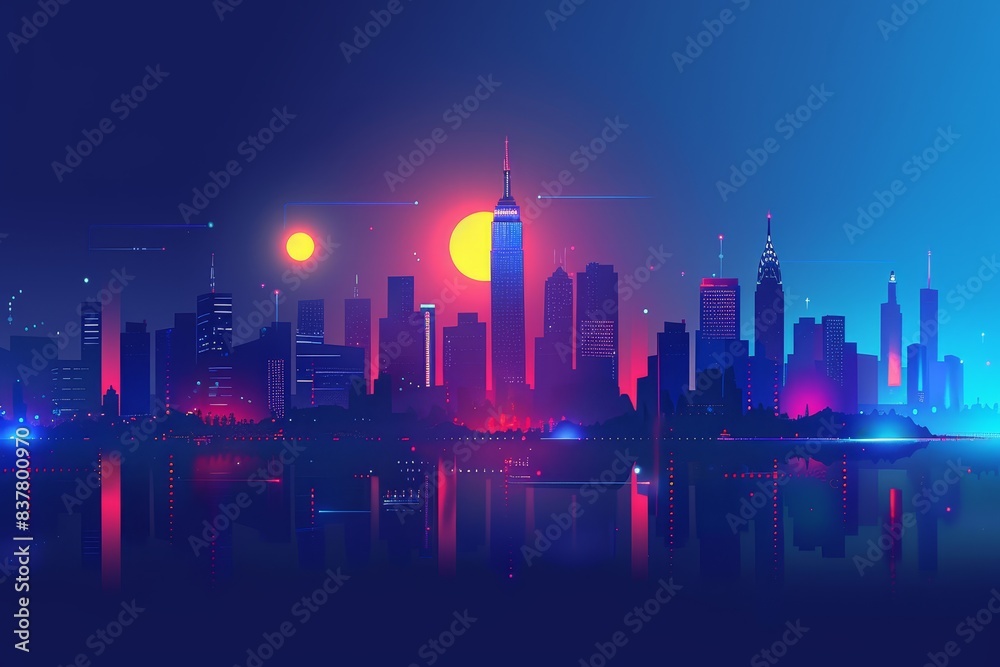 Vibrant city skyline at night with colorful lights reflecting on the water, showcasing a beautiful urban landscape with skyscrapers and neon hues. Vibrant city skyline at night with colorful lights reflecting on the water, showcasing a beautiful urban landscape with skyscrapers and neon hues.