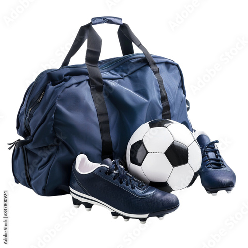 Sport bag with pair of shoes and soccer ball isolated on white background
