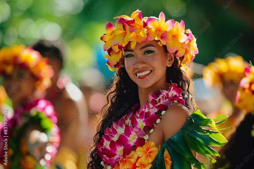 A captivating Polynesian woman with black hair, dressed in traditional attire and adorned with flowers in her hair, at the festival, seen up close.