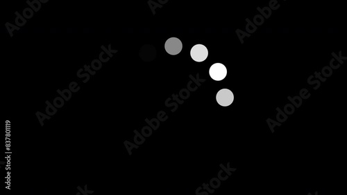 Loading, buffering white dotted circle animation on black background. Fit for tint or alpha layer. Seamless loop video of rotating, spinning circle for signal, data, video stream, transfer technology