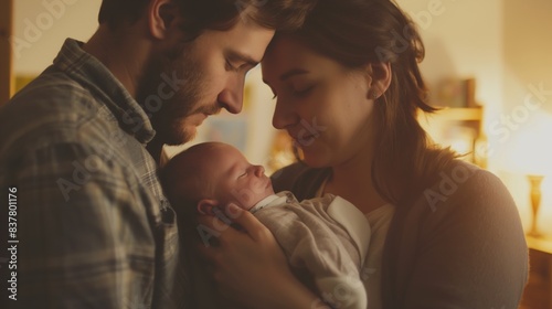 A family scene captures a tender moment as two parents, with faces obscured, hold their newborn lovingly