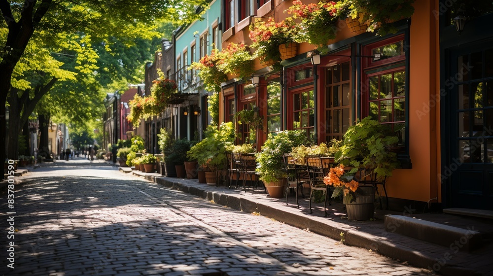 A charming cobblestone street in an old city neighborhood, lined with quaint cafes, boutique shops, and flower boxes on the windowsills. Minimal and Simple, A charming cobblestone street in an old city neighborhood, lined with quaint cafes, boutique shops, and flower boxes on the windowsills. Minimal and Simple,