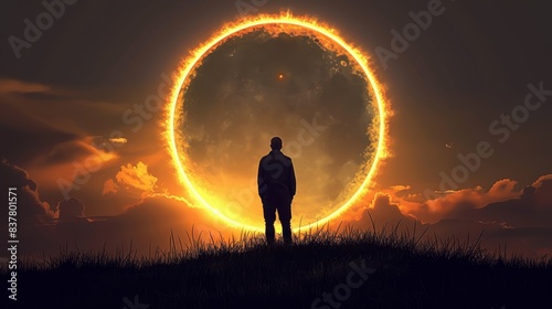  A man stands atop a grassy hill under a sun-filled sky In the mid-heaven  a ring of fire encircles the heavens over a body of water