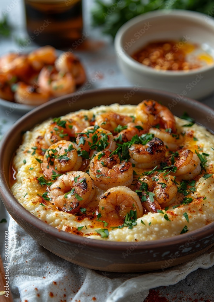 Shrimp and Grits - Shrimp served over creamy grits with a sprinkle of herbs. 