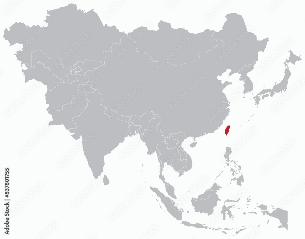 Highlighted red map of TAIWAN inside grey detailed blank political map of Asia on light blue background, without the Middle East and Russia Highlighted red map of TAIWAN inside grey detailed blank political map of Asia on light blue background, without the Middle East and Russia