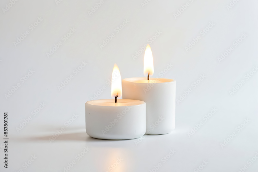 Two White Candles Burning on a White Surface Two White Candles Burning on a White Surface
