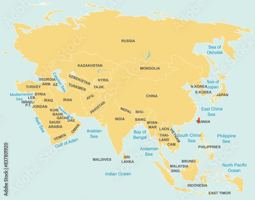 Highlighted red map of TAIWAN inside orange detailed tagged map of Asia using orthographic projection on blue background