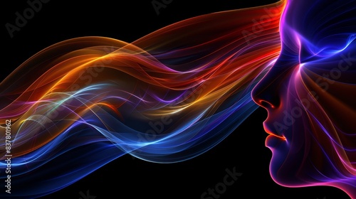  A woman's face, close-up Multicolored light wave emerges from her right side against a black backdrop © Mikus