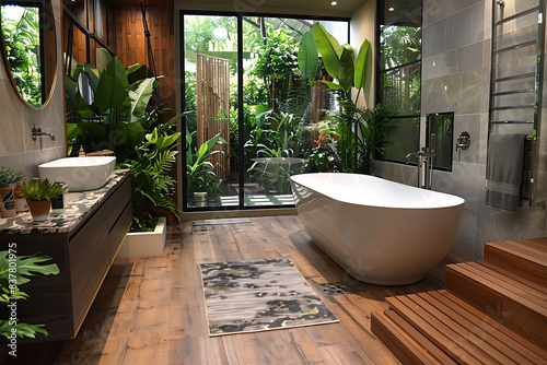 A bathroom with a bathtub  sink  mirror  and plants creating a peaceful and natural atmosphere. The wood flooring adds a touch of warmth to the space