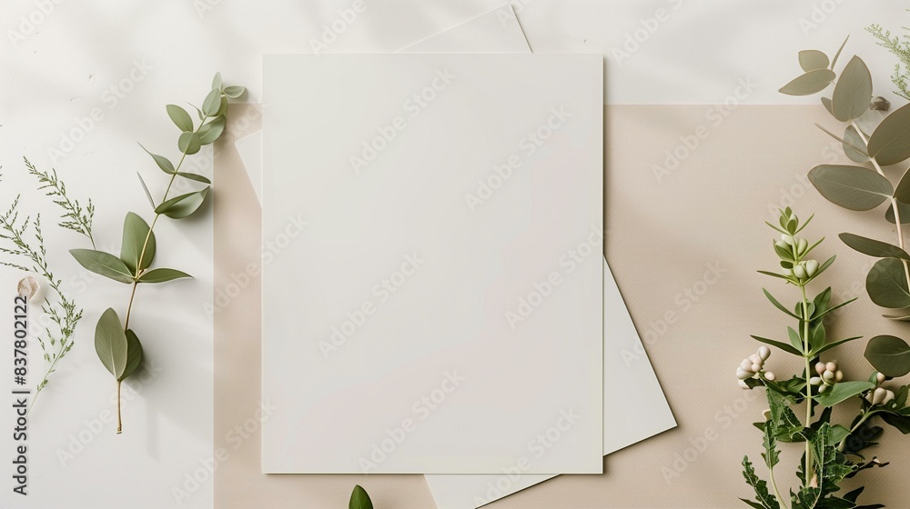 Blank paper sheet with copy space decorated with greenery on beige background, invitation card stationery