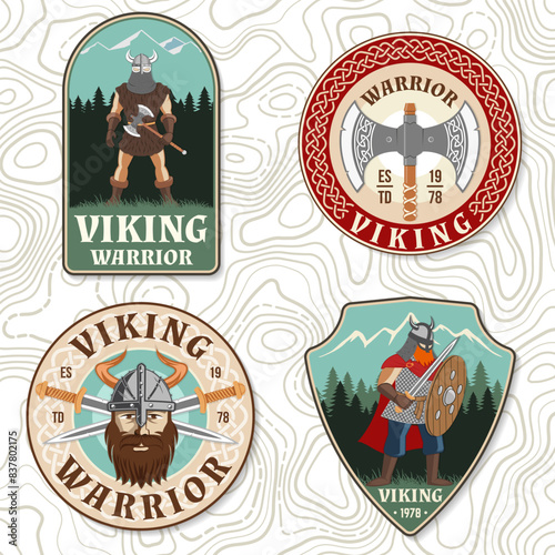 Set of viking warrior logos, badges, stickers. Vector illustration. For emblems, labels and patch. Patch design heraldic shield with a viking in helmet with crossed battle sword and axe