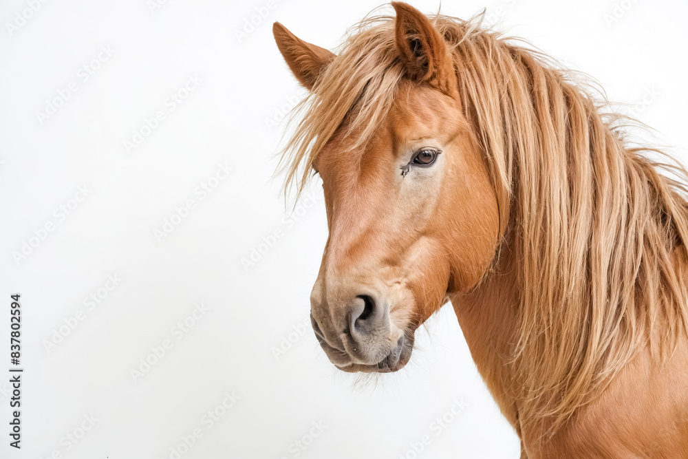 Close-up portrait of a chestnut horse with a soft, fluffy mane Close-up portrait of a chestnut horse with a soft, fluffy mane