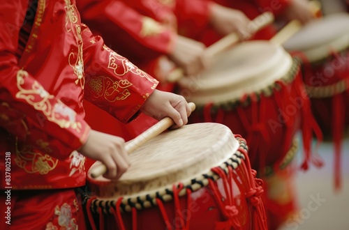 Traditional Chinese Drummers in Festive Red Attire