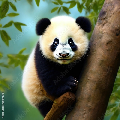A beautiful black and white panda is sitting on a tree