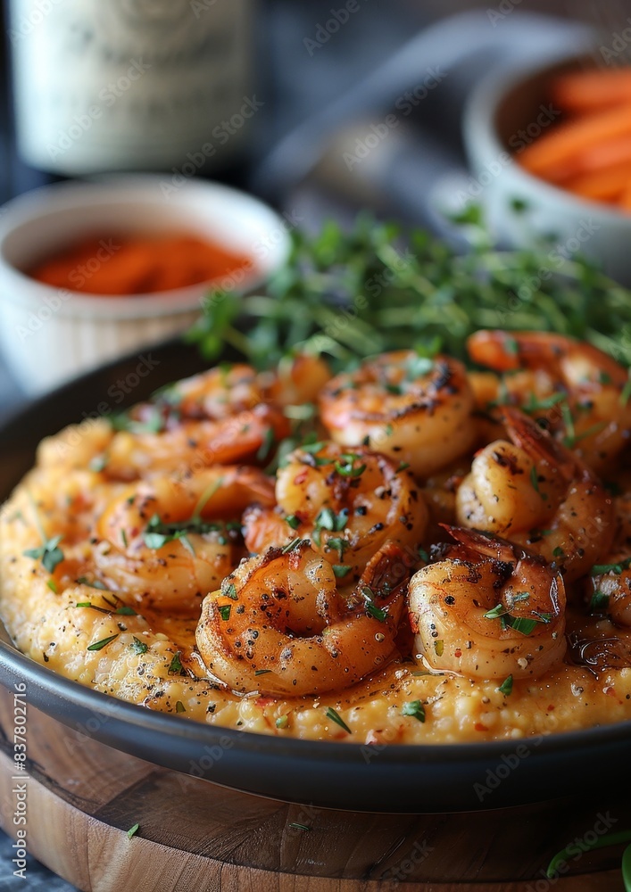 Shrimp and Grits - Shrimp served over creamy grits with a sprinkle of herbs. Shrimp and Grits - Shrimp served over creamy grits with a sprinkle of herbs.