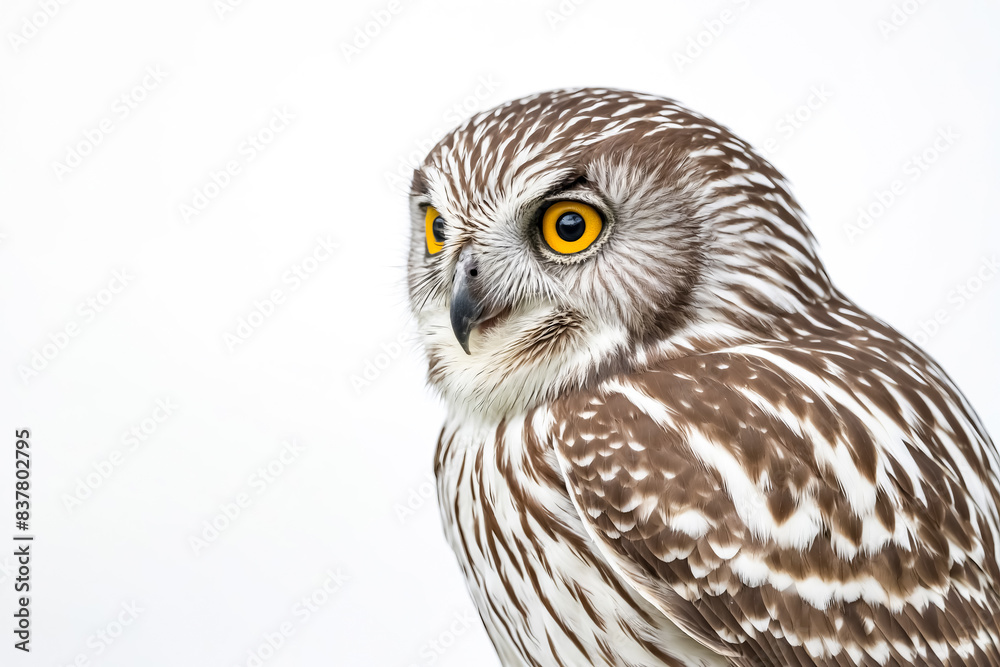 Obraz premium Close-up of a Northern Hawk Owl with White Background