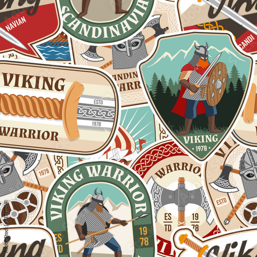 Vikings warrior seamless pattern or background. Vector illustration. Fabric, texture, wallpaper with viking in helmet, crossed battle axe, sword and nordic ship