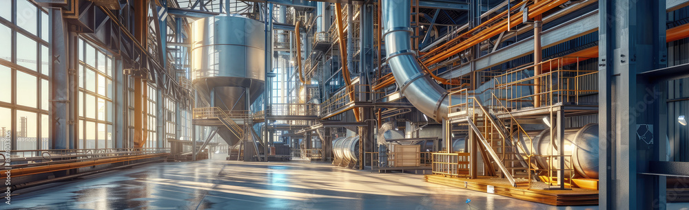 Sunlit Industrial Plant Interior with Steel Structures