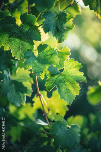 Sunlit Grapevine Leaves Close-up., Harvest time, a stage in the wine-making process, les vendanges, grape harvesting, a seasonal job.
