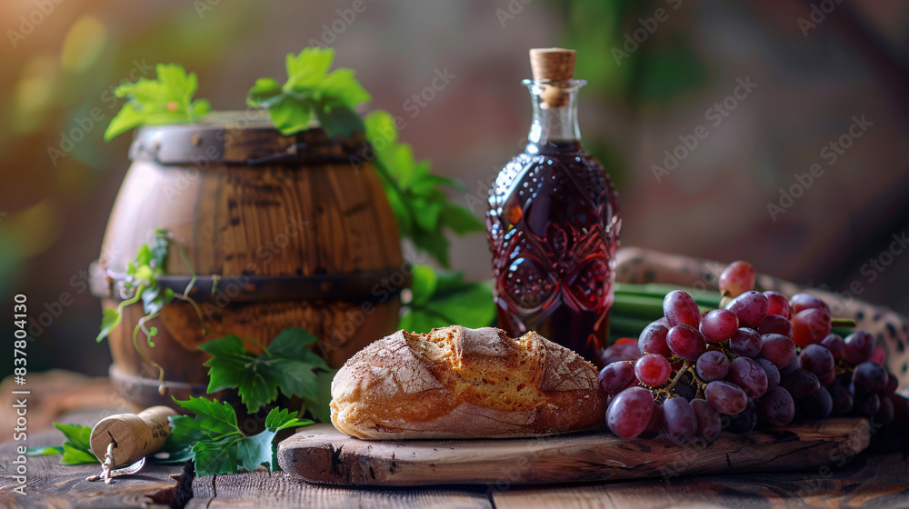 Closeup of holy communion elements on a wooden table, including bread, wine, and a vine Closeup of holy communion elements on a wooden table, including bread, wine, and a vine