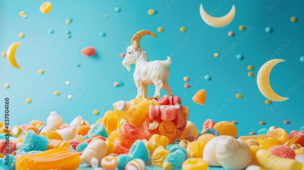 Eid al adha concept: colorful candy arranged with goat figurine and crescent moon symbol celebrating islamic festival Eid al adha concept: colorful candy arranged with goat figurine and crescent moon symbol celebrating islamic festival