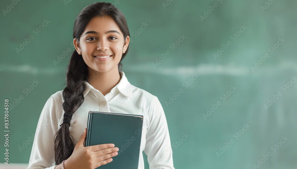 Confident Indian Teacher Standing in Front of the Chalk Board in Classroom