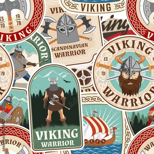 Vikings warrior seamless pattern or background. Vector illustration. Fabric, texture, wallpaper with viking in helmet, crossed battle axe, sword and nordic ship