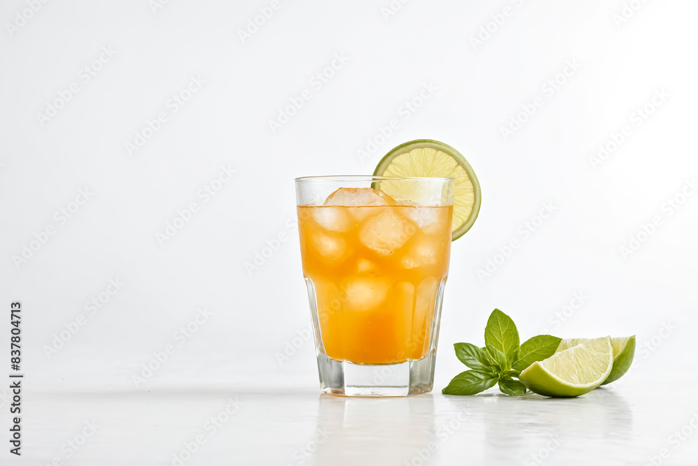 Orange Juice with Lime and Ice in Glass on White Background Orange Juice with Lime and Ice in Glass on White Background