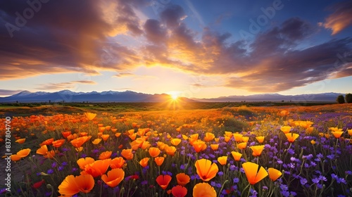 Beautiful panorama of poppies and cornflowers at sunset photo