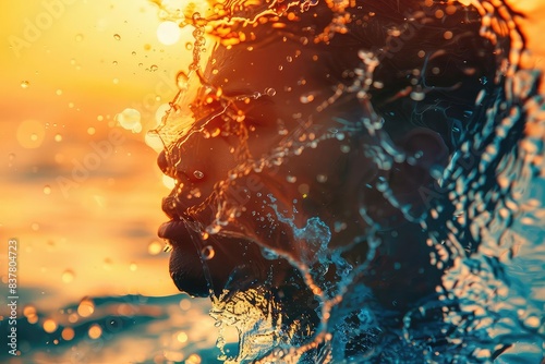 Splashing water close up, focus on, copy space, colorful contrasts, double exposure silhouette with splashes