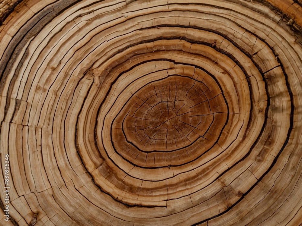 Fototapeta premium Old wood texture with annual rings and cracks. Beautiful wooden background. Aged tree stump close-up.