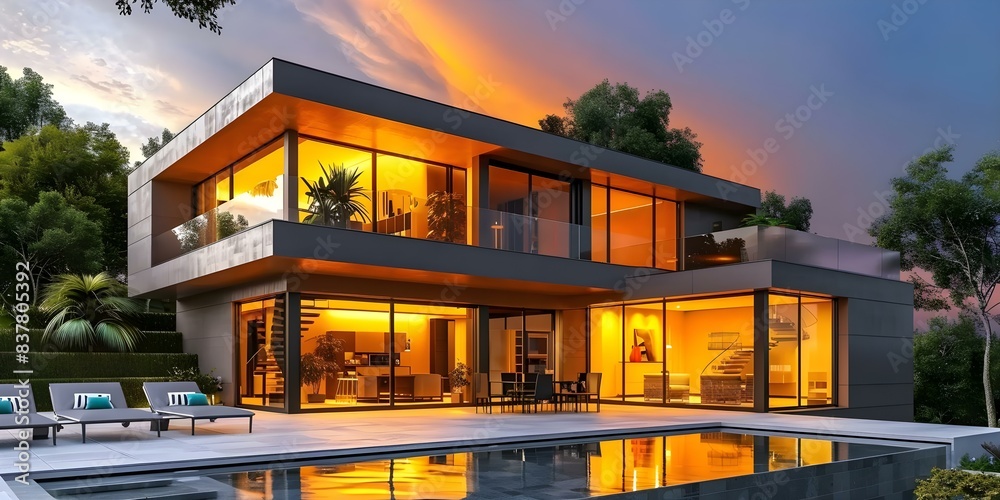 Obraz premium Luxury modern villa with a pool in a residential real estate setting. Concept Luxury Property, Modern Design, Private Pool, Residential Setting, Real Estate