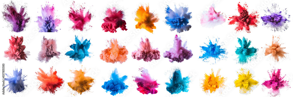  Set of A dynamic collection of color powder explosions captured mid-air isolated on white or transparent background