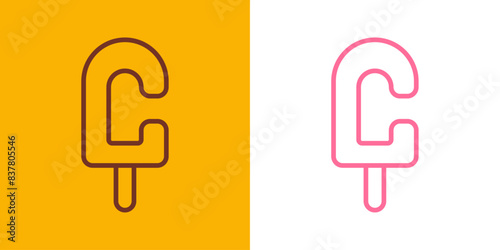 Logo popsicle. Silueta con líneas de helado de paleta sabor fresa y chocolate con forma de letra inicial C