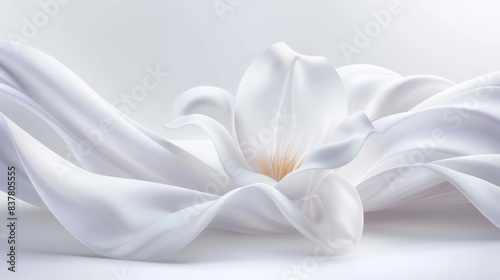  A tight shot of a white blossom against a white backdrop Soft focus highlights the center of the flower and its billowing white fabric in the wind