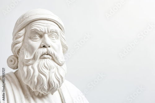 Close-up of a white marble bust of a man with a beard