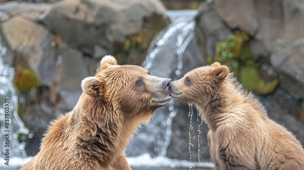 Naklejka premium Brown bears stand side by side atop a lush, green field adjacent to a waterfall Waterfalls cascade, its sides shimmering