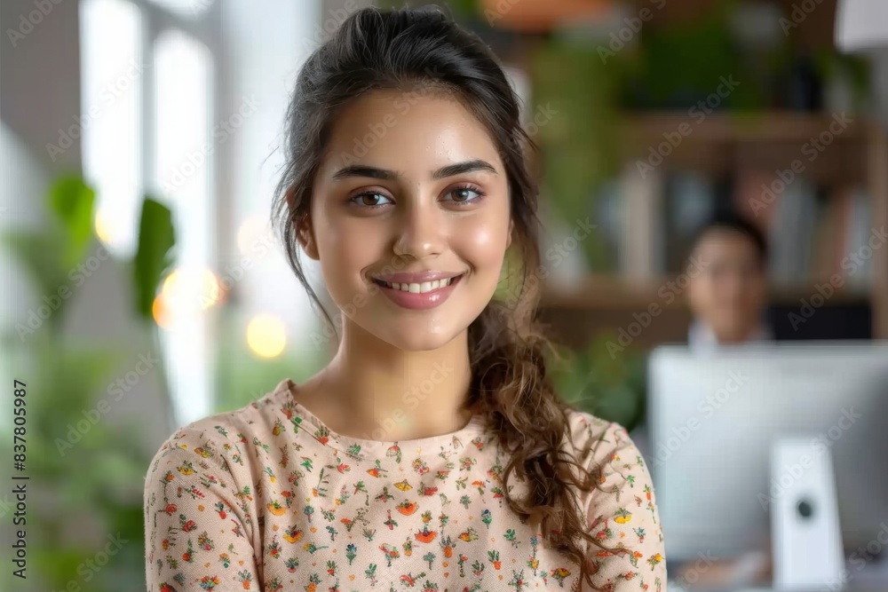 Happy woman in floral blouse by computer Happy woman in floral blouse by computer