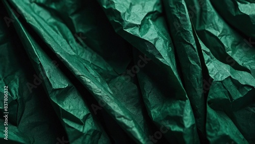 Abstract emerald dark green crumpled paper background. Beatutiful grunge trash garbage wrinkled plastic bag texture wallpaper.