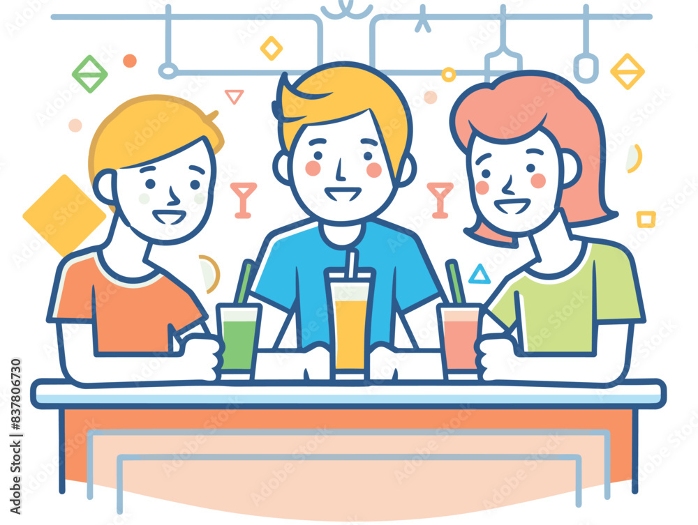Two women one man enjoying drinks bar, smiling faces, casual attire, friendly gathering. Group friends counter beverages, colorful vector illustration, socializing scene. Young adults having good Two women one man enjoying drinks bar, smiling faces, casual attire, friendly gathering. Group friends counter beverages, colorful vector illustration, socializing scene. Young adults having good