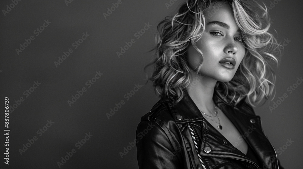 B&W portrait of model in haute couture wearing leather jacket outfit, style of an on location magazine shoot B&W portrait of model in haute couture wearing leather jacket outfit, style of an on location magazine shoot